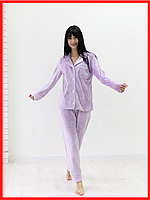 Пижама женская Штаны и Рубашка материал Велюр плюш Лаванда, Белый кант размер S-L, XL-XХL БАТАЛ