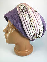 Шапка Чалма Тюрбан жіноча зимова Об'ємні в'язані шапки шапка-берет з квітковим принтом Фліс Фіолетовий