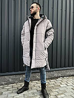 Стильная длинная зимняя куртка | Мужской теплый пуховик светло-серого цвета | Молодежная однотонная куртка