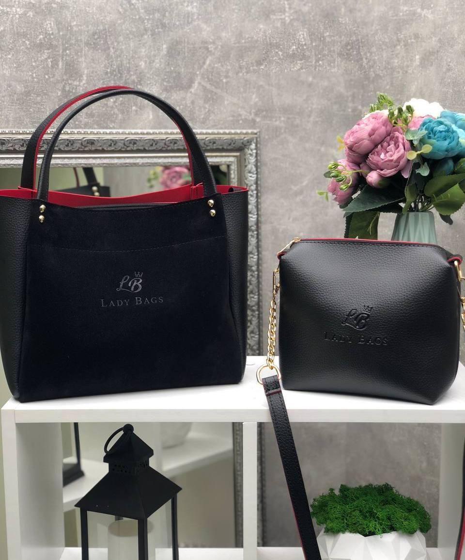 Велика замшева жіноча сумка на плече з клатчем чорна з червоним натуральна замша+шкірзам