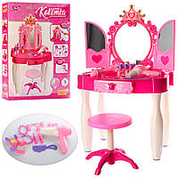 Детский туалетный косметический столик-трюмо со стульчиком "Кокетка", звук, свет, фен, украшения, розовый