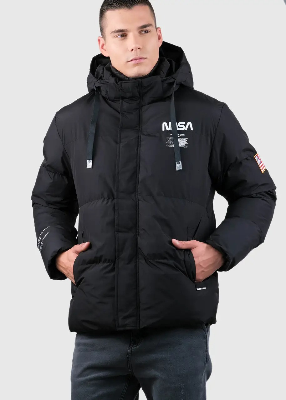 Чоловіча зимова чорна куртка NASA з капюшоном на хутрі