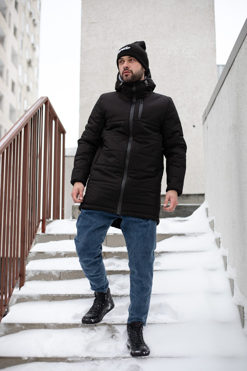Чоловіча парка демісезонна чорна до 0 °C ⁇ Куртка подовжена осінна весняна з капюшоном