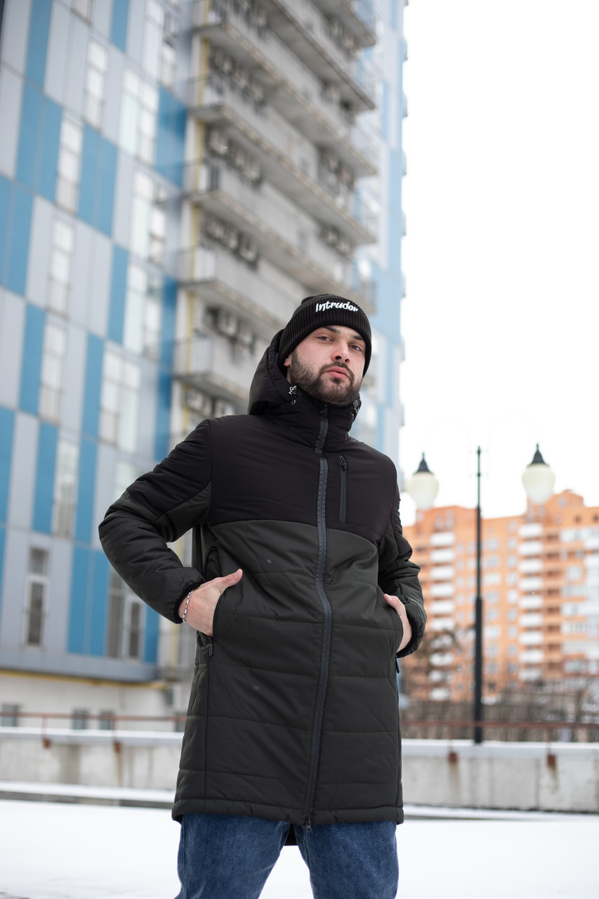 Чоловіча парка демісезонна чорна з хакі до 0 °C ⁇ Куртка подовжена осінна весняна з капюшоном