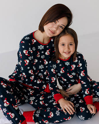 Комплект дитячий піжама зі штанами бавовна зі сніговиками NICOLLETA 85368 (темно-синя), фото 2
