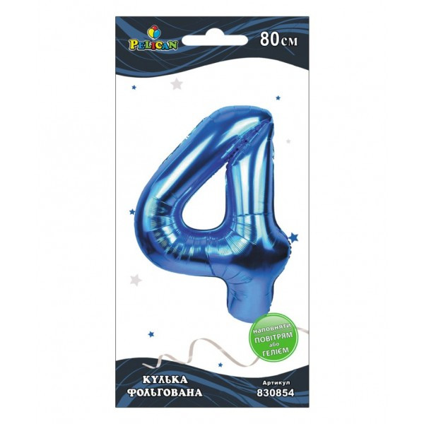 Кулька з гелієм фольгована "Цифра-4" 80см синя №830854/Pelican/(1)(5)(20)