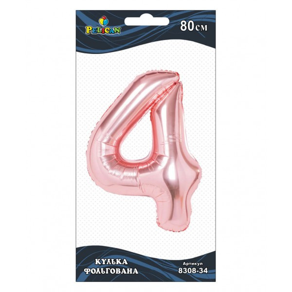 Кулька з гелієм фольгована "Цифра-4" 80см рожеве золото №830834/Pelican/(1)