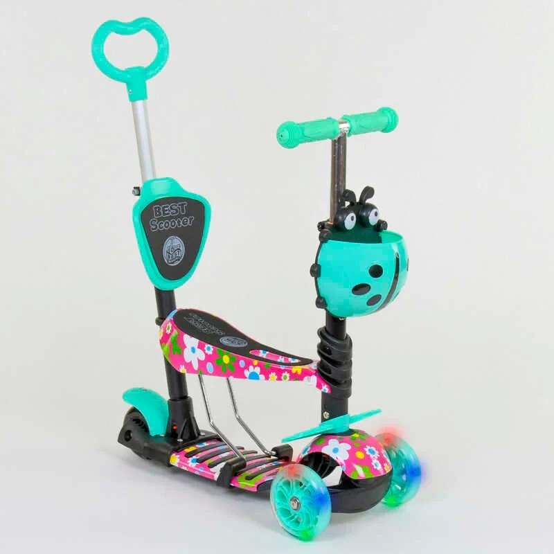 Самокат дитячий триколісний 5в1 Best Scooter 43702 Бірюзовий, із сидінням і ручкою, кошиком, фото 1