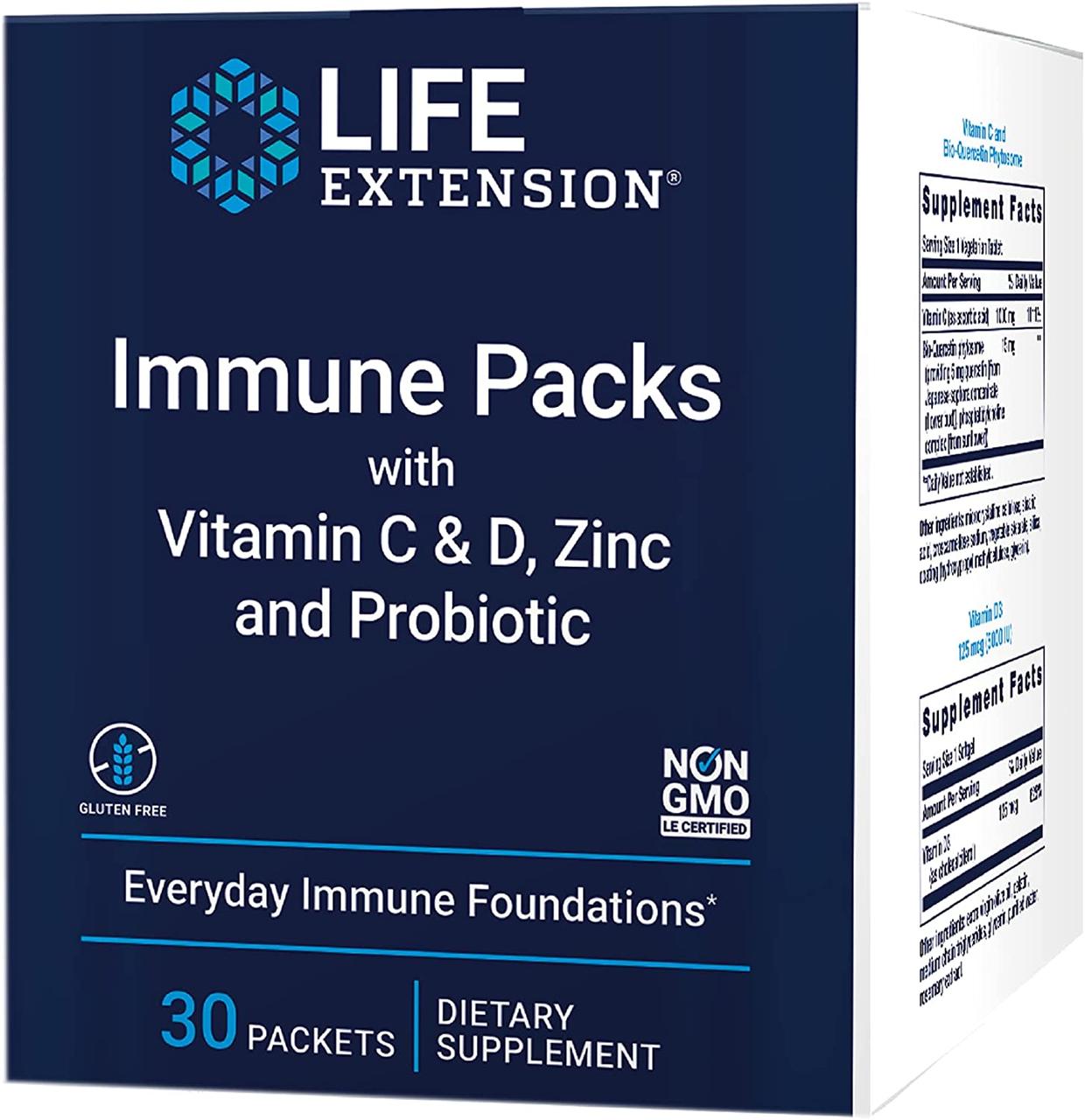 Life Extension Immune Packs / Імунований пакет з вітамінами С і D, цинком і пробіотиками 30 пакетів