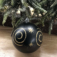 Черные новогодние шарики на елку с золотым узором, пластик 8 см