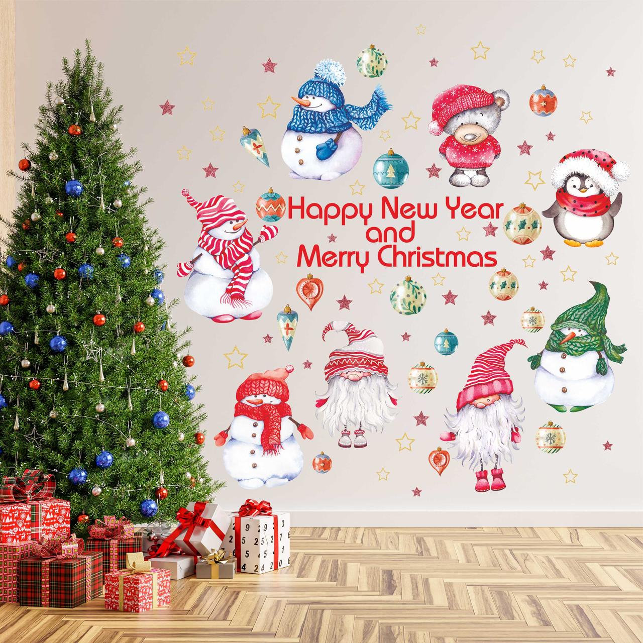 Набір новорічних наклейок Новий рік з друзями (сніговик гноми пінгвін кулі) Матова Набір М 1100х500мм