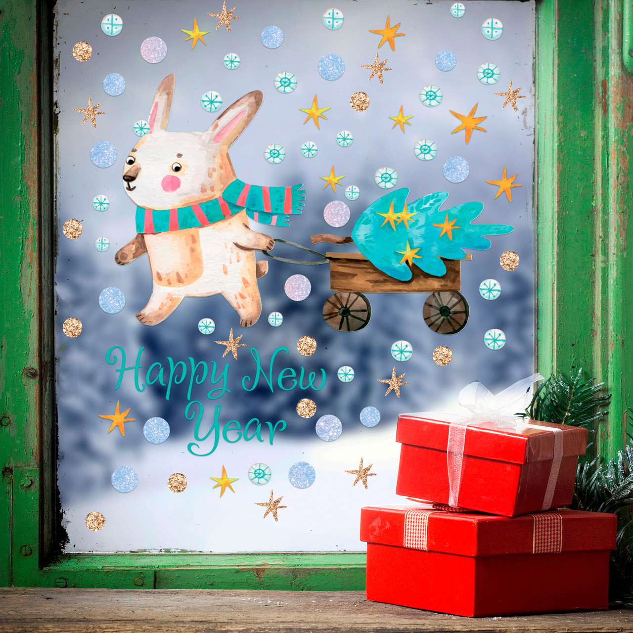 Новогодние наклейки Зайчик с подарком (Символ года 2023 Кролик Елка звезды шарики) Матовая Набор S 550х600мм - фото 1 - id-p1707338439
