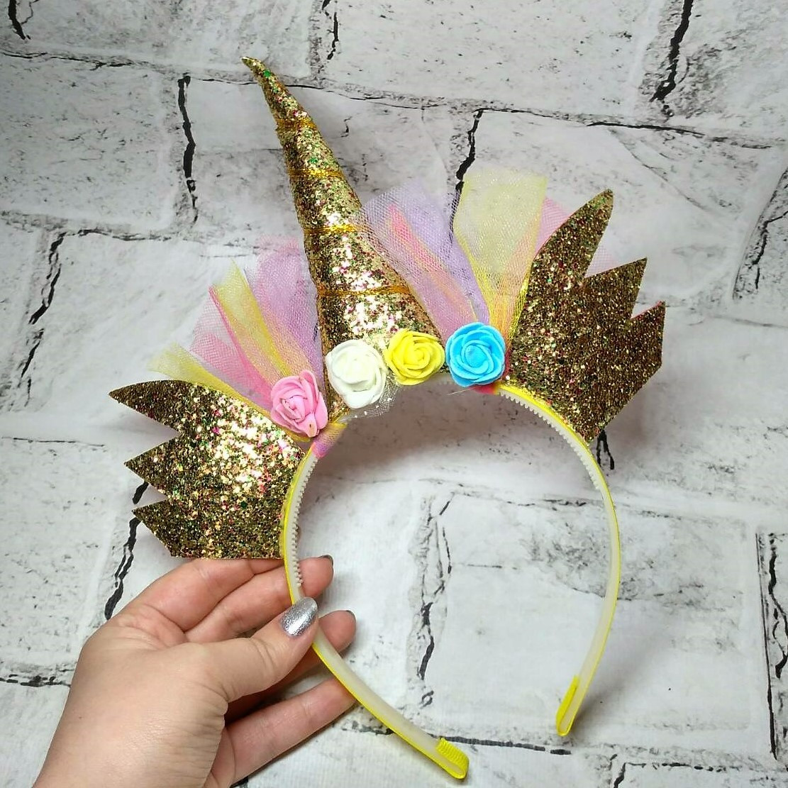 Обідок, обруч карнавальний Єдиноріг блискучий Золотий P13-4-1-1