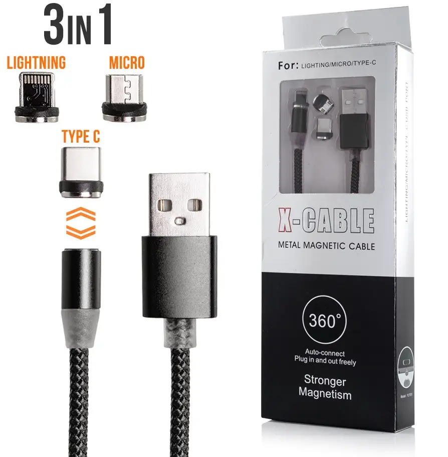 Магнітний кабель для заряджання телефона USB 3 в 1 Micro Type-C Lightning X-CABLE Круглий 360 Градусів чорний