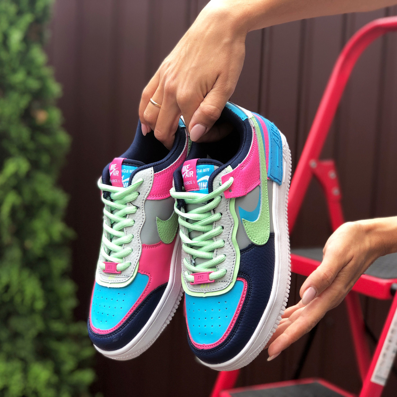 Жіночі кросівки Nike Air Force 1 Shadow шкіряні повсякденні сірі салатові рожеві