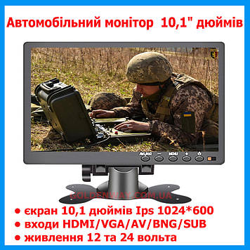 Монітор 10 дюймів IPS 1024x600 для перегляду камер відеоспостереження паркування нічна їзда HDMI VGA AV BNC USB