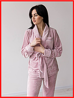 Пижама женская на запах со Штанами Велюр плюш Пудра, размер S-L, XL-XХL БАТАЛ