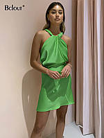 Женское атласное платье - комбинация с открытой спиной, Зеленый, М