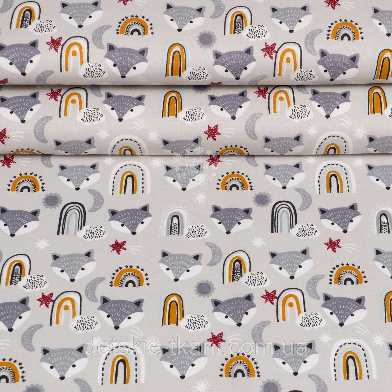 Ранфорс шириною 240 см "Мордочки лисичок" на світло-сірому, №4371, фото 1