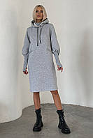 Женское теплое платье спортивного кроя с капюшоном на флисе 3358-03 Серый