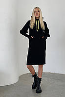 Женское теплое платье миди с капюшоном на флисе Черный 3358-02