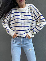 Свободный вязаный свитер в полоску с манжетами и перфорацией (р. 42-46) 9043059 Синий