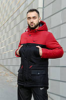 Мужская зимняя парка Nike черная с красным до -25*С теплая на флисе с капюшоном | Мужской зимний пуховик Найк
