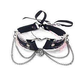 Чокер із натуральної шкіри з мереживом і ланцюжками Art of Sex — Karen, Чорно-рожевий