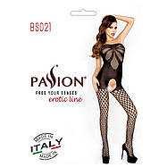 Бодістокінг Passion BS021 black, комбінезон, дрібна сіточка по тілу, велика сітка на ногах, фото 4
