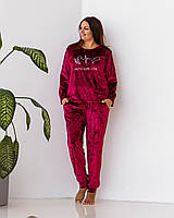 Пижама женская батальна c брюками мраморный велюр для дома. 87906ю Турция бренд: NICOLETTA бордовый