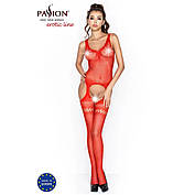 Бодістокінг Passion BS038 red, комбінезон, імітація панчіх і пояси, фото 6