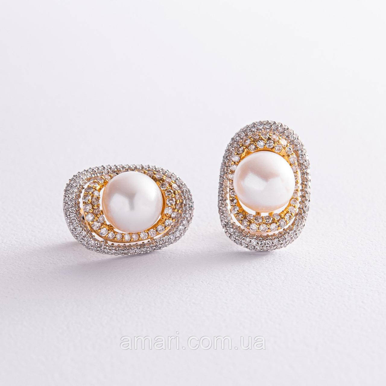 Золоті сережки з діамантами та перлами 
з1312, фото 1