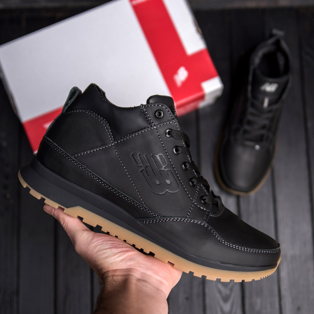 Чоловічі шкіряні зимові черевики New Balance, чоловічі зимові теплі черевики, класичні черевики чорні