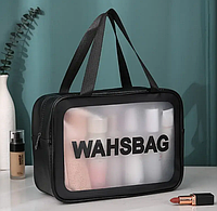 Косметичка органайзер для косметики черная прозрачная из эко-кожи Washbag 31х20х12 см с ручками дорожная