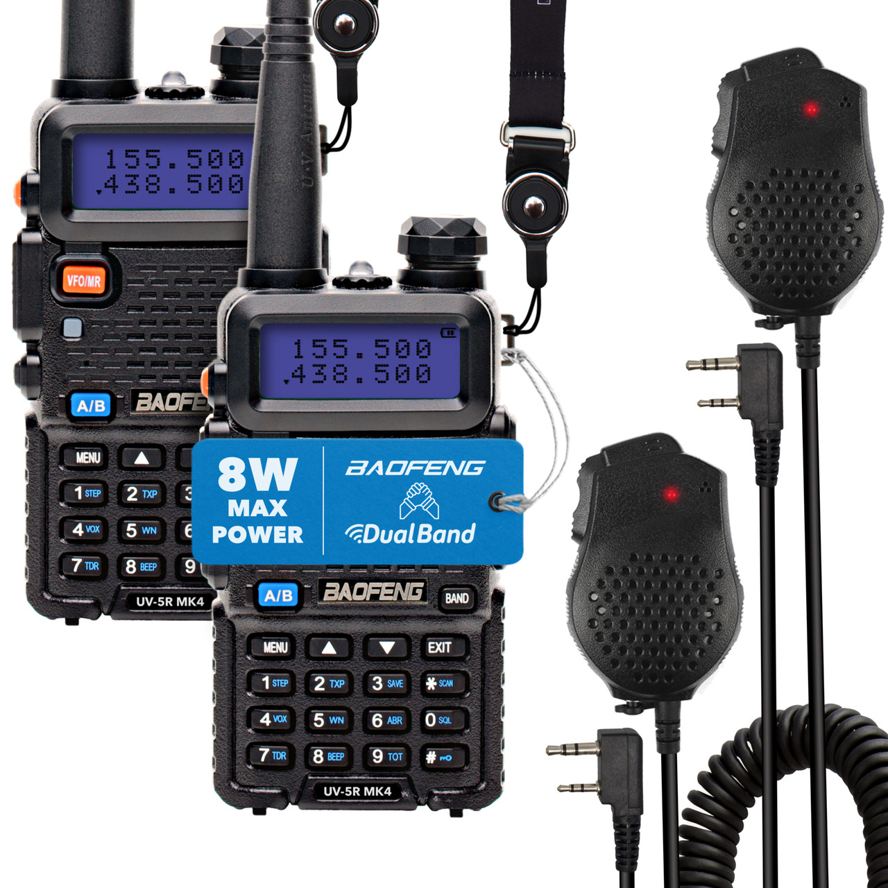 Рація Baofeng UV - 5R комплект 2 шт., UHF/ VHF, 8 Вт, 1800 маг + Тангента Speaker Mic + ремінець на шию Mirkit