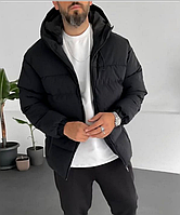 Мужская зимняя куртка стеганая черная с капюшоном теплая на синтепоне 250, размер 44/46, 48/50, 52/54, 56/58