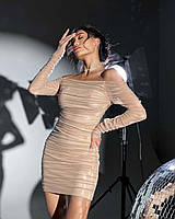 Облягаюча міні сукня з сітки з відкритими плечима та сборкою (р. S-M) 66PL1929Q