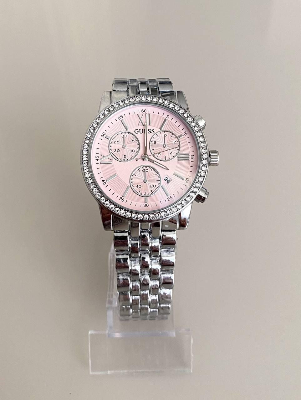 Жіночій кварцовий наручний годинник Guess \ гесс на металевому браслеті срібного кольору