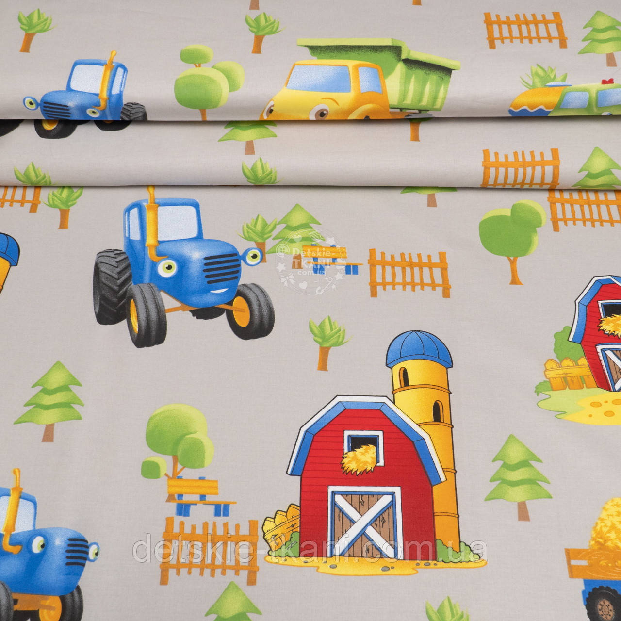 Ранфорс шириною 240 см "Синій трактор" на світло-сірому, №4359, фото 1