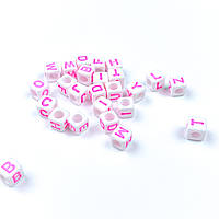 Бусины акриловые кубики буквы белые. (5*5*5 мм)