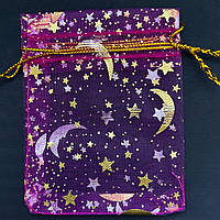 Мішечок подарунковий яскраво-рожевий органза зірочки золотий візерунок розмір 7/9 см із затяжками в пакованні 100 штук