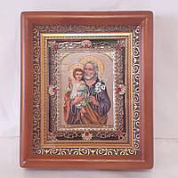 Икона Иосиф обручник святой праведный, лик 10х12 см, в коричневом деревянном киоте с камнями