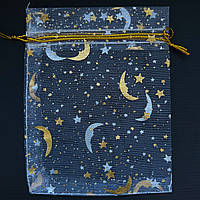 Мішечок подарунковий білий органза зірочки золотий візерунок розмір 9/12 см із затяжками в пакованні 100 штук