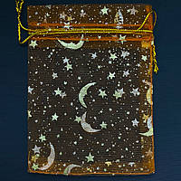 Мішечок подарунковий жовтогарячий органза зірочки золотистий візерунок розмір 9/12 см із затяжками в пакованні 100 штук