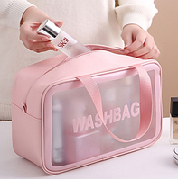 Сумка косметичка органайзер для косметики рожева прозора з еко-шкіри Washbag 31х20х12.5см з ручками