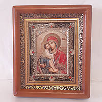Икона Донская Пресвятая Богородица, лик 10х12 см, в коричневом деревянном киоте с камнями