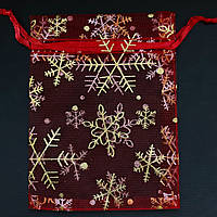 Мішечок подарунковий червоний органза сніжинки золотистий візерунок розмір 9/12 см із затяжками в пакованні 100 штук