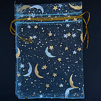 Мішечок подарунковий блакитний органза зірочки золотистий візерунок розмір 9/12 см із затяжками в пакованні 100 штук