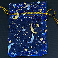 Мешочек подарочный синий органза звёздочки золотистый узор размер 7/9 см с затяжками в упаковке 100 штук