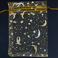 Мішечок подарунковий жовтий органза зірочки золотистий візерунок розмір 7/9 см із затяжками в пакованні 100 штук